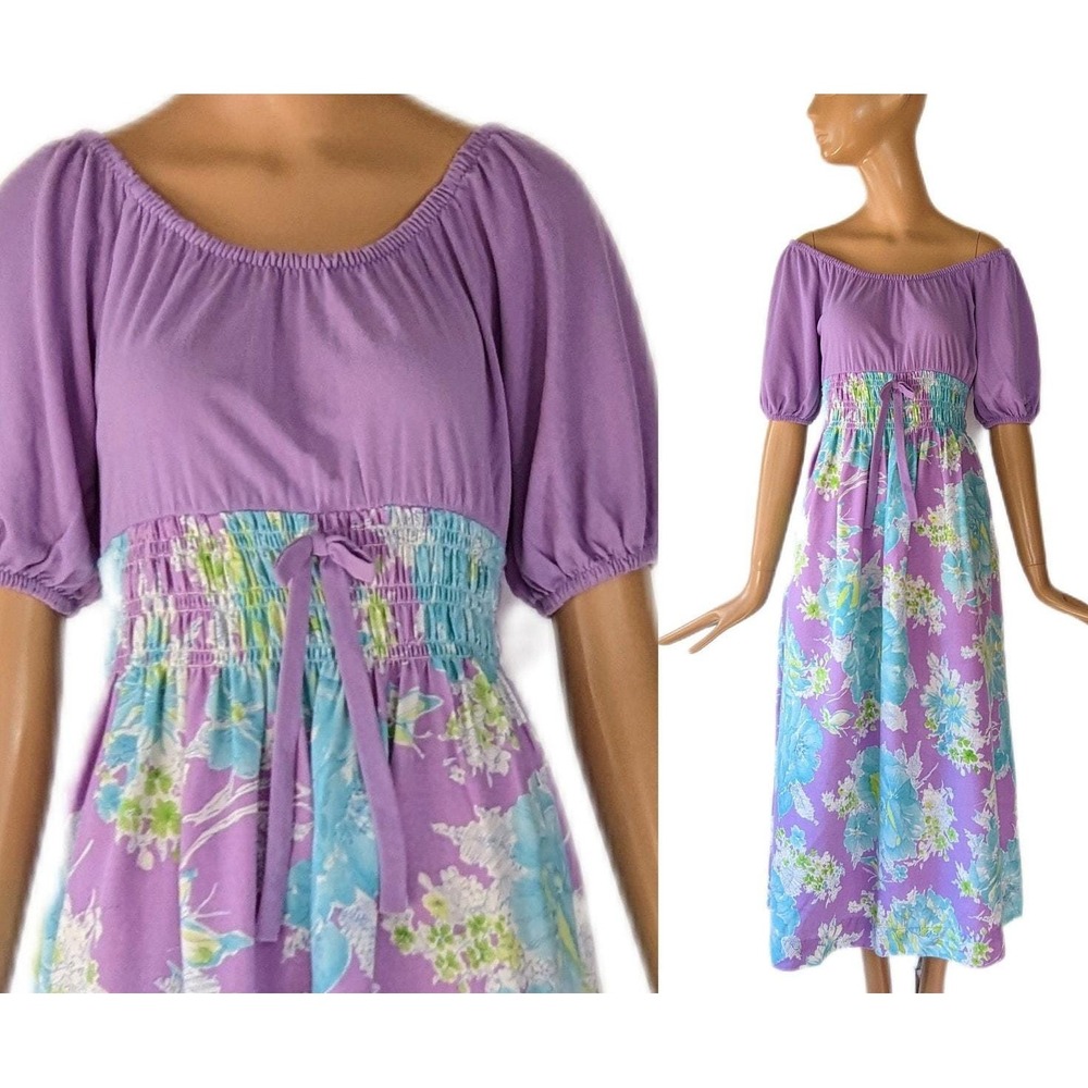 Vintage 70s Lilac Floral Print Maxi Dress Bow Front Boho Prairie Day Dress